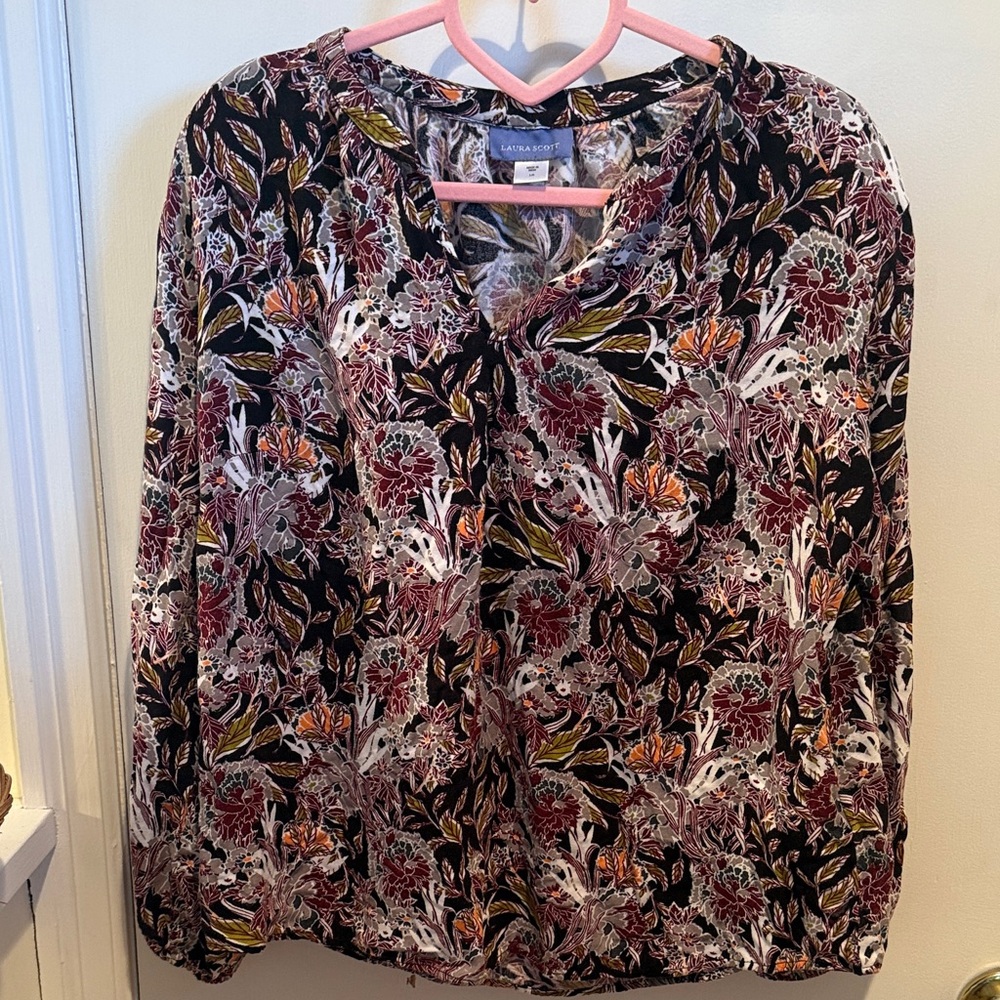 Laura Scott Black Multicolor Floral Blouse